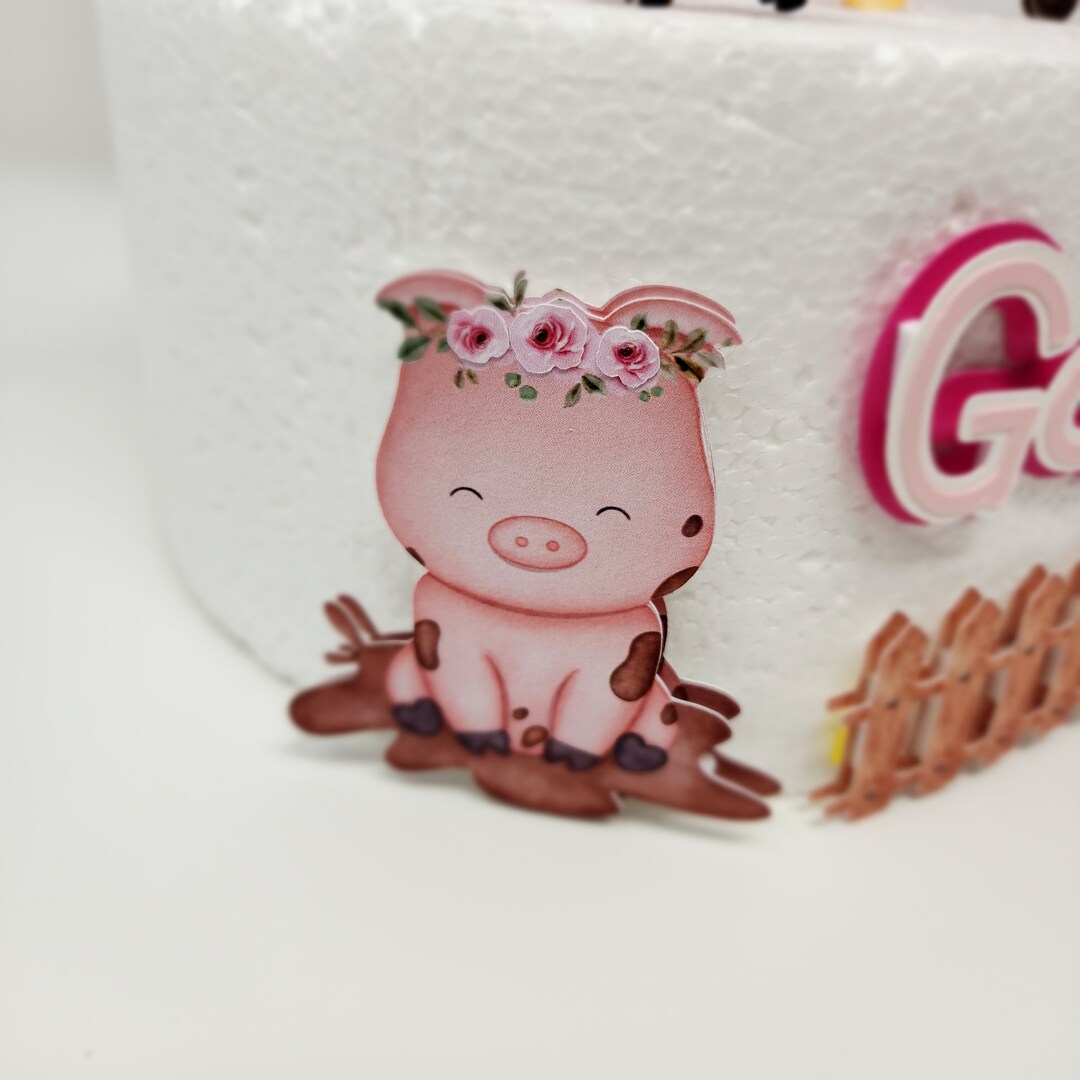 Pig First Birthday Cake Topper – Farm Animal Theme 1st Birthday Decor, Double-Sided Glitter